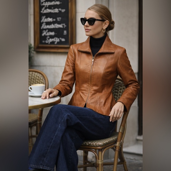Jones New York Jackets & Blazers - Jones New York Cognac Leather Jacket M Fitted Y2K Zip Tailored Caramel Blazer
